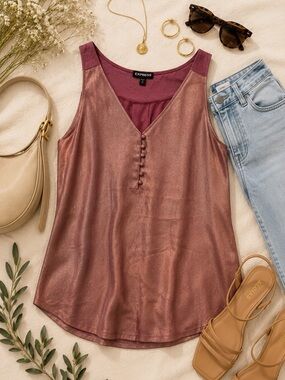 Express Rose Gold Metallic Tank Top | Size Small | Shimmer Blouse
